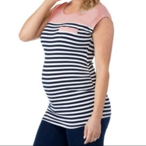 🆕 Planet Motherhood Maternity Navy Blue and White Stripes Tee